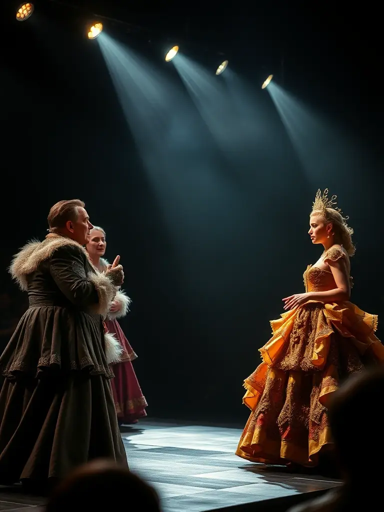 A photo of a theatrical performance, with actors on stage in costume, highlighting the association's support for performing arts.