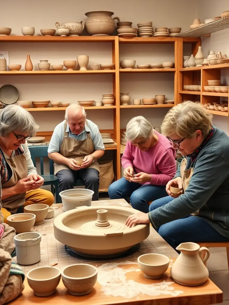 A photograph of a pottery class in session, with participants of various ages shaping clay on pottery wheels, emphasizing the association's diverse offerings.
