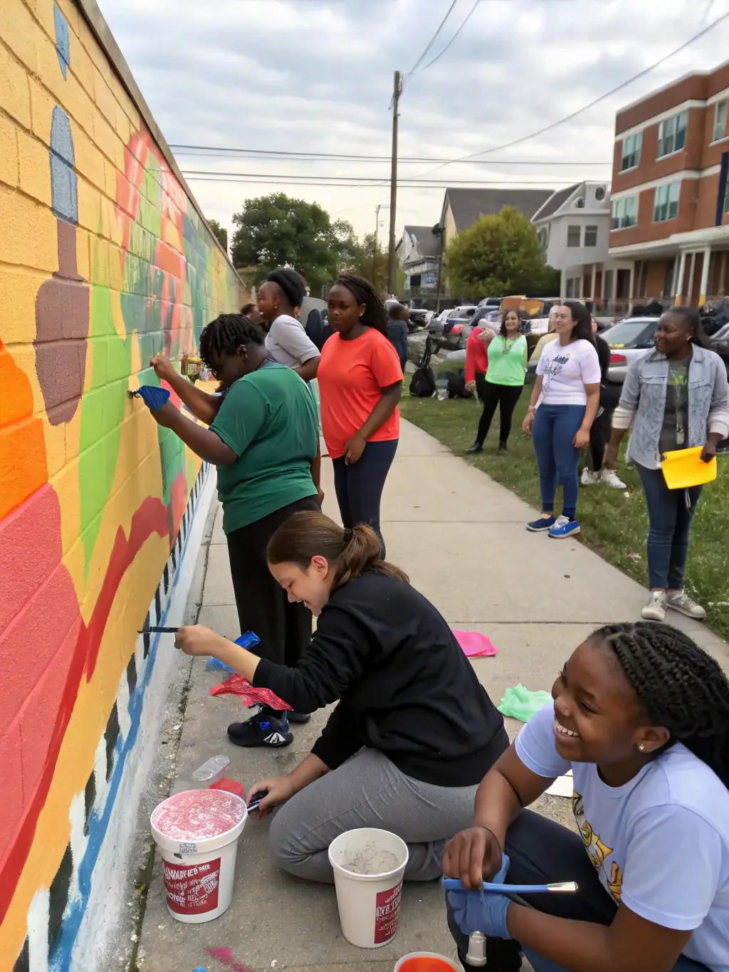 A vibrant image of a community mural project in progress, with local artists and residents collaborating on a large-scale artwork, demonstrating community engagement.