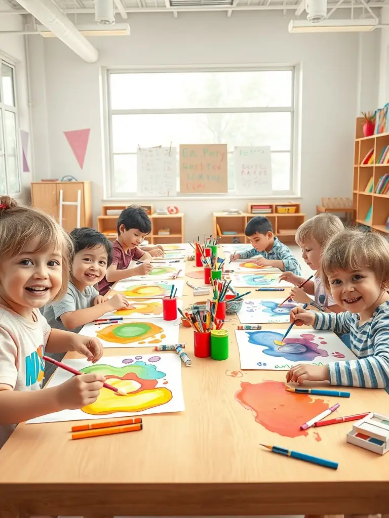A group of children participating in a painting workshop, with easels and colorful paints scattered around, showcasing the association's commitment to art education.