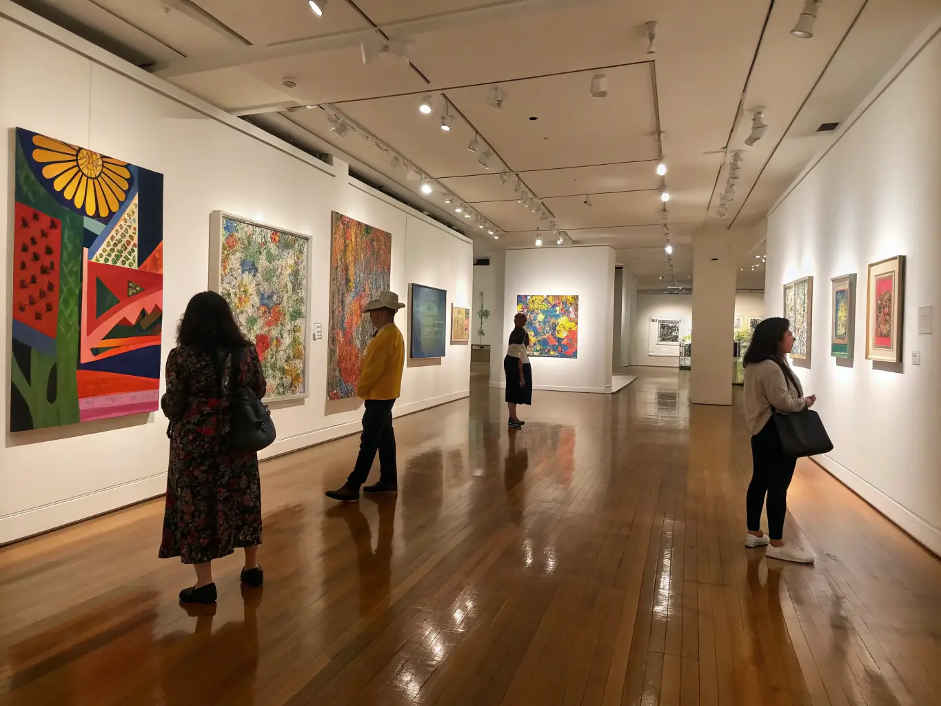 A vibrant image of a community art exhibition, featuring diverse artworks created by local artists, highlighting the association's role in promoting visual arts and cultural exchange.
